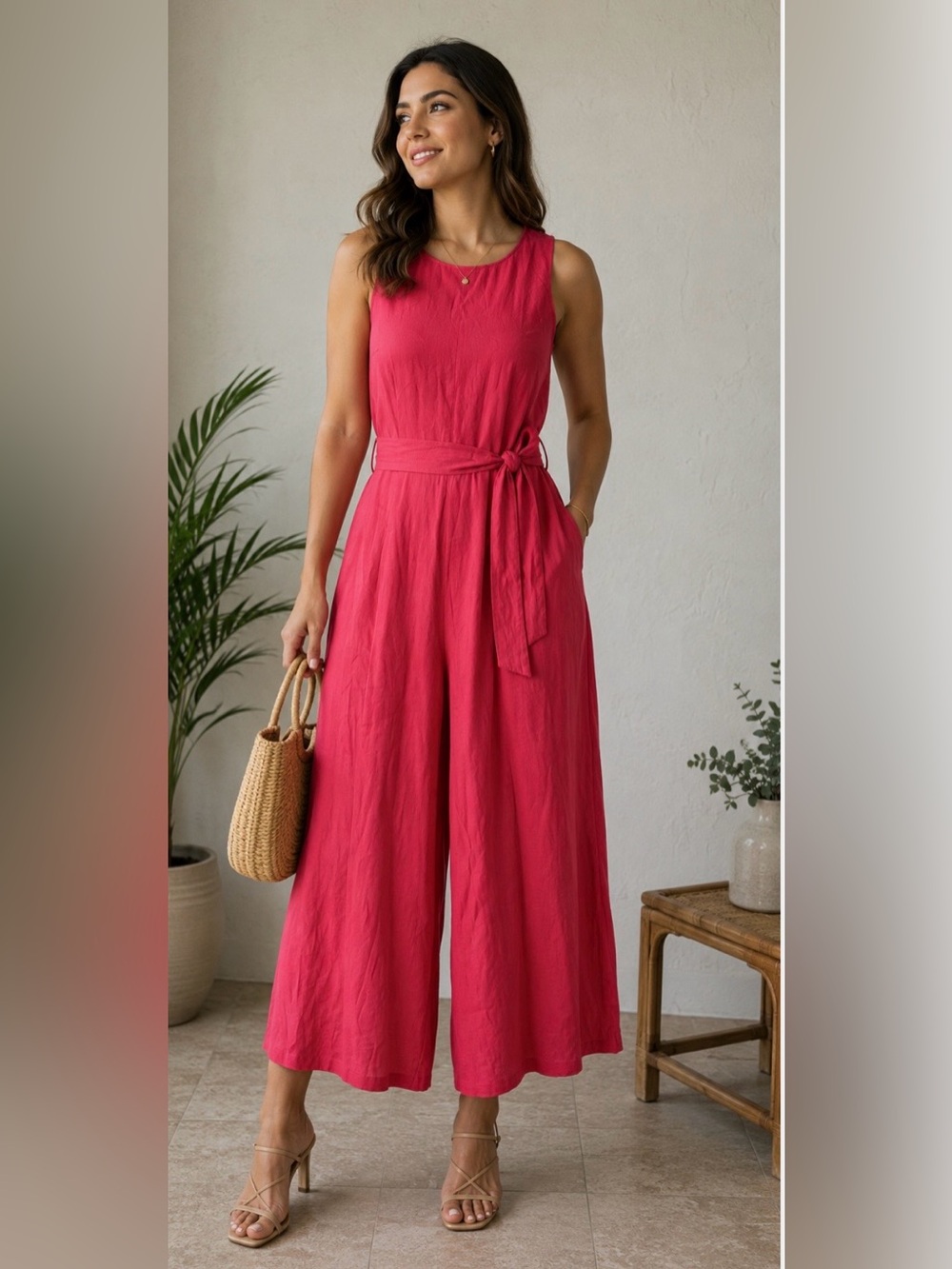 ANTONIO MELANI Sleeveless Tie-Waist Wide-Leg Jumpsuit in Hot Pink